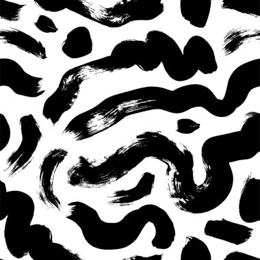 Fırça darbeleri Memphis stilinde kusursuz desen oluşturur. Siyah boya dalgalı lekeler ve kıvırcık fırça darbeleri. El çizimi mozaik mürekkep çizimi. 