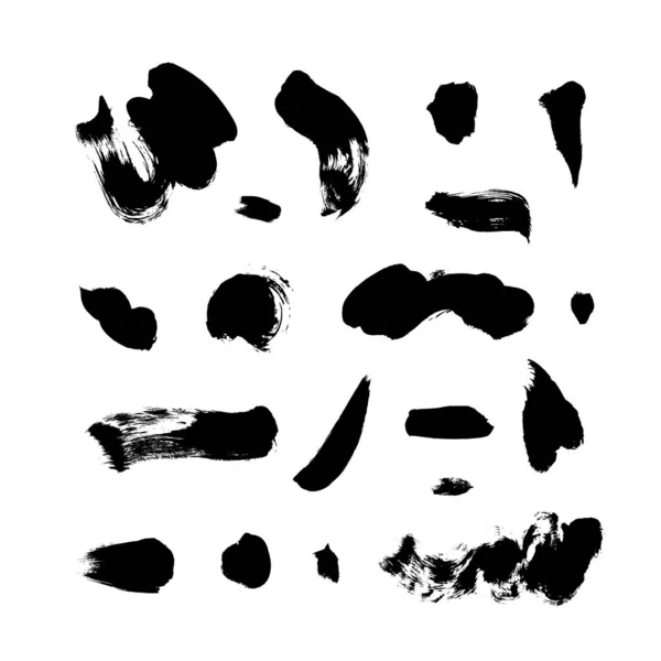 Pointes de pinceau dessinées à la main, points et lignes vectorielles ensemble. Peinture noire, touches de pinceau, taches, cercles . — Image vectorielle