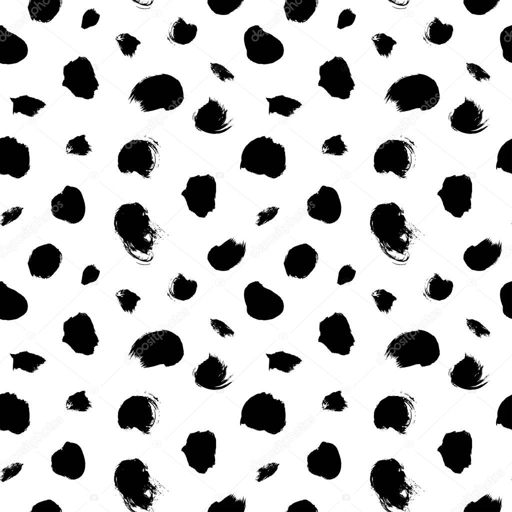 Grunge spots vector seamless pattern. Hand drawn ink dirty circles texture. Black paint dry brush splodges, blotches background. 