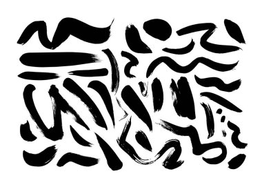 El çizimi fırça çizgisi vektörü ayarlandı. Siyah boya, mürekkep fırçası darbeleri, lekeler. Grunge kıvrımlı çizgilerle leke koleksiyonu. 