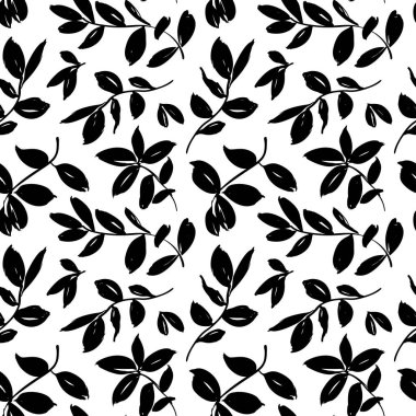 Yapraklar ve dallar vektörsüz desen. Fırça yaprakları ve dallar. Zeytin, adaçayı ya da okaliptüs dalı modern desen. 