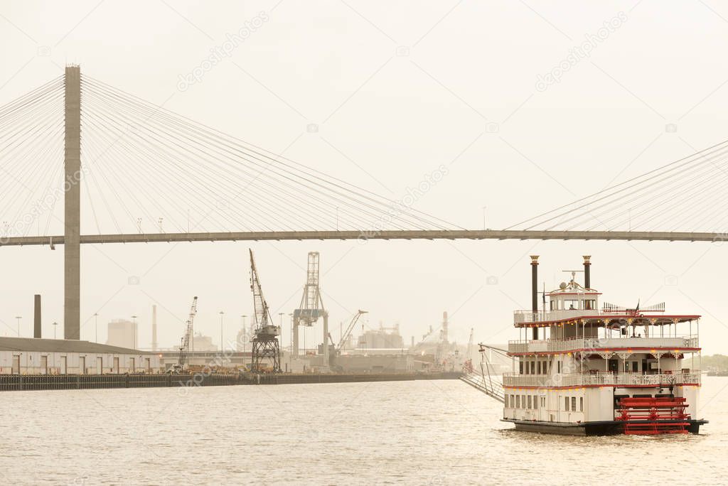 Steamboat on Savannah river and Talmadge bridge
