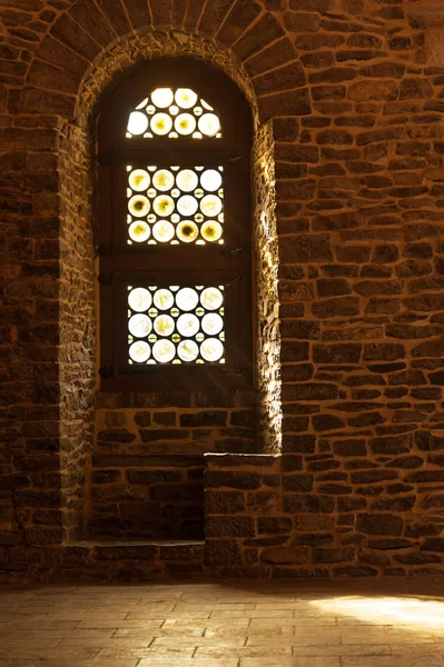 Fenêtre Détail Hall Intérieur Avec Siège Pierre Château Médiéval Gand — Photo