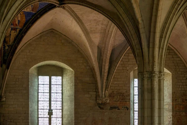 Salón Interior Gótico Con Bóvedas Ventanas Mica Del Palacio Medieval — Foto de Stock