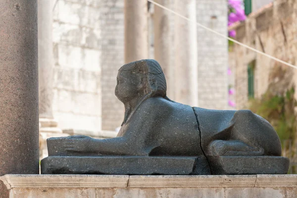 Gros Plan Sphinx Égyptien Granit Noir Assis Sur Peristyle Place — Photo