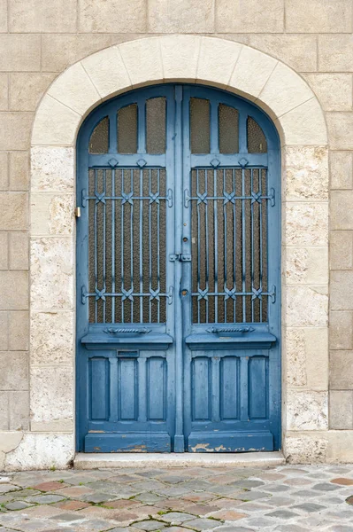 Ancienne Porte Bois Couleur Bleu Typique Entrée Maison Médiévale Dans — Photo