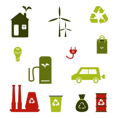 Çevre koruma çöplüğü elektrikli araç çöp konteynırları enerji tasarrufu çöp torbası rüzgar çiftliği biyobozunabilir karton torbalar beyaz arka planda