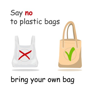 Pollution problem concept. Say no to plastic bags, bring your own textile bag. Cartoon styled images with signage calling for stop using disposable polythene package. Vector illustration.