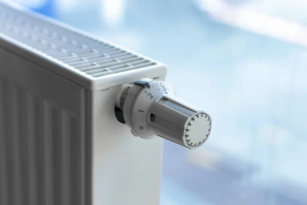 Regulador Termostático Radiador Calentamiento Agua Una Sala Oficina Vista Lateral —  Fotos de Stock