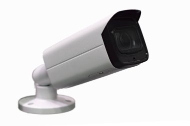 Beyaz arka planda kapalı devre kamera. Seçici odaklanma. İzole edilmiş. Yan görünüm.