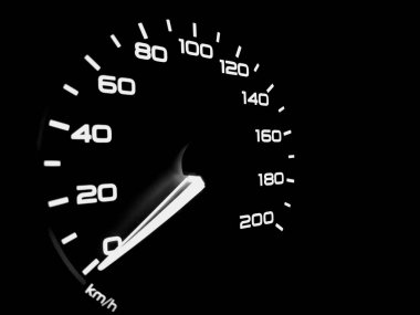 Arabanın gösterge panelindeki kilometre sayacı. Yan görüş. Siyah ve beyaz çekim.