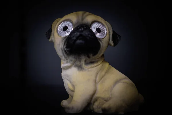 黒の背景に装飾的な犬の姿 隔離された目のランプで 正面図 — ストック写真
