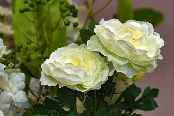 Две Белые Розы Букете Вид Спереди Сверху Закрывай Селективный Фокус — стоковое фото