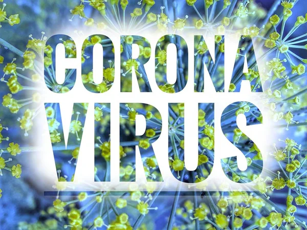 Las Células Del Virus Corona Palabras Sobre Fondos Azules Amarillos — Foto de Stock