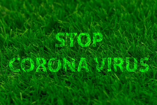 Stop corona virus against backdrop of green grass. Words.
