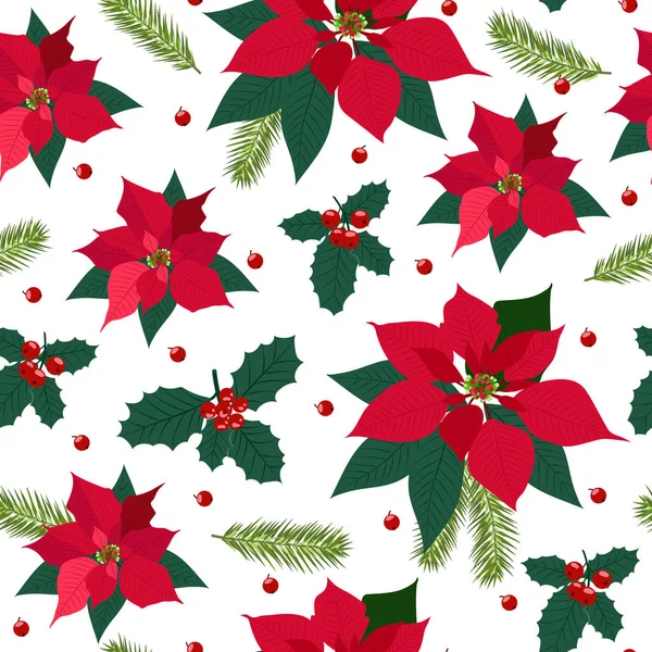 圣诞无缝图案 有一品红植物背景 冬季图案 包装纸 图案填充 冬季问候 网页背景 圣诞贺卡和新年贺卡 — 图库矢量图片