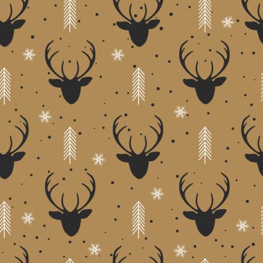 Ren geyiği geçmişi olan kusursuz bir Noel deseni geyik deseni, ambalaj kağıdı, şablon dolguları, kış selamları, web sayfası geçmişi, Noel ve yeni yıl tebrik kartları.