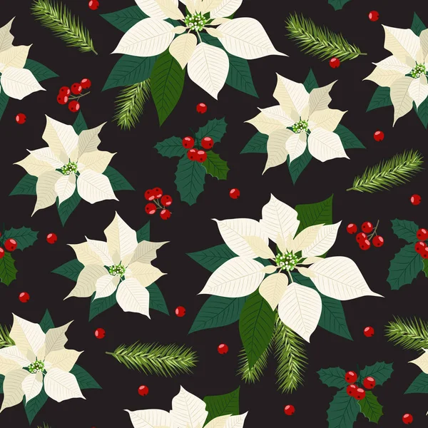 Kerst Naadloos Patroon Met Poinsettia Plantaardige Achtergrond Winter Patroon Inpakpapier — Stockvector