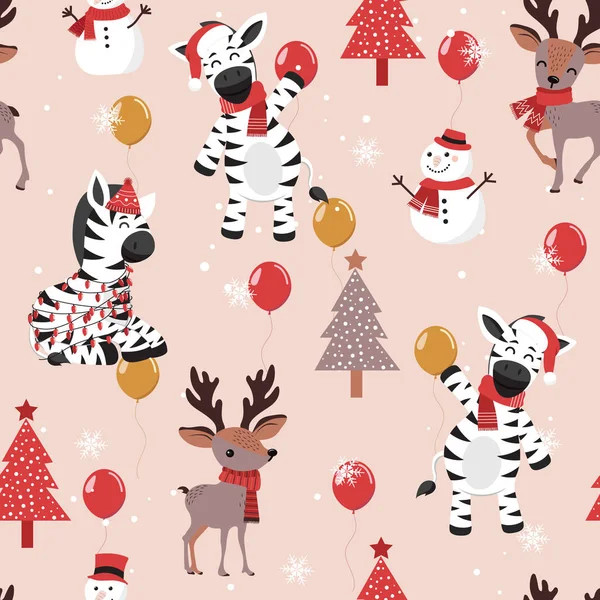 Zebra geçmişi olan kusursuz bir Noel deseni geyik deseni, ambalaj kağıdı, desen dolguları, kış selamlamaları, web sayfası geçmişi, Noel ve yeni yıl tebrik kartları.