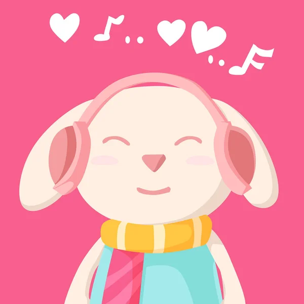 Happy Valentine Day Bunny Rabbit Listening Music Headphones Valentines Day — Stock Vector