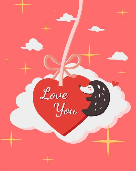Šťastný Valentýn Ježkem Objetí Srdce Balón Valentýna Pozadí Roztomilým Ježkem — Stockový vektor
