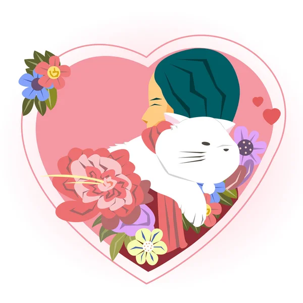 Joyeuse Saint Valentin Avec Fille Câlin Chat Valentines Fond Fille — Image vectorielle
