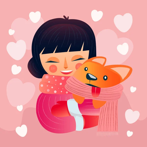 Happy Valentine Day Hug Girl Dog Valentines Day Background Girl — 스톡 벡터