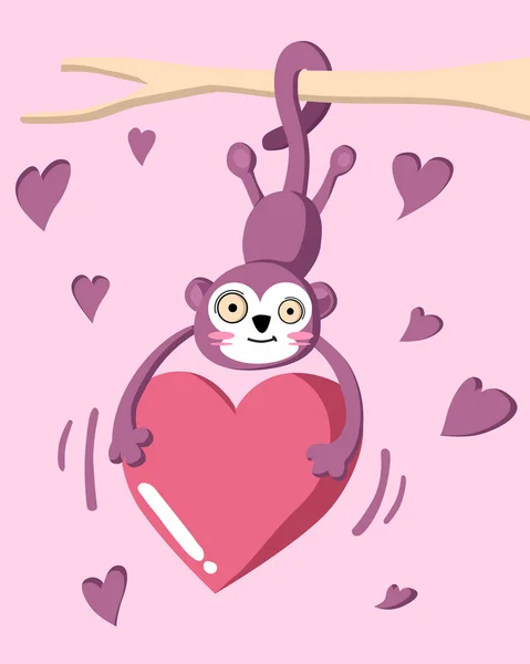 Joyeuse Saint Valentin Avec Singe Suspendu Une Branche Fond Saint — Image vectorielle