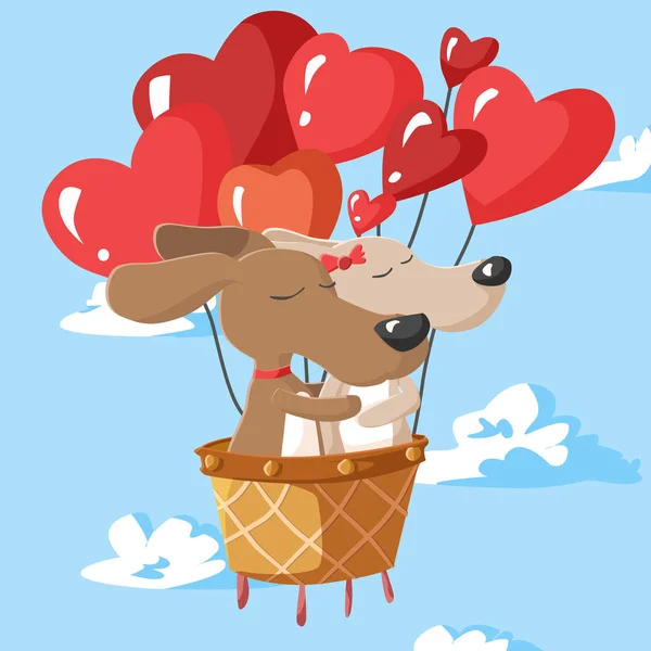 Happy Valentines Day Couple Dogs Hot Air Balloon Valentines Card — Stock Vector
