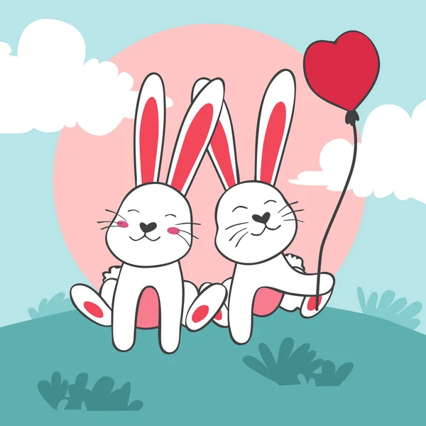 Gelukkige Valentijnsdag Van Paar Konijntje Met Ballon Valentijnskaart Poster — Stockvector