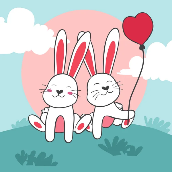 Happy Valentines Day Couple Bunny Balloon Valentines Card Poster — Stock Vector