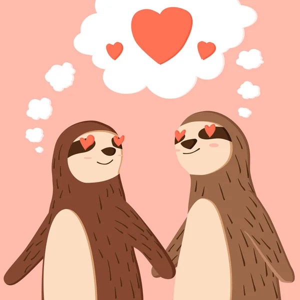 Happy Valentines Day Couple Sloth Holding Hands Valentines Card Poster — 스톡 벡터
