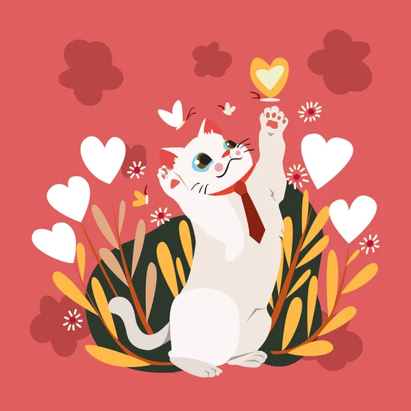 Šťastný Valentýn Kočkou Chytání Motýla Květu Valentines Karty Plakát — Stockový vektor