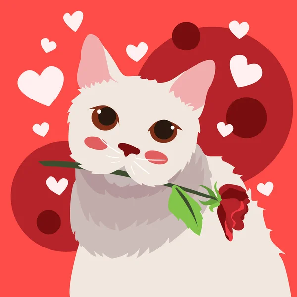 Happy Valentine Day White Cat Rose Mouth Valentines Card Poster — 스톡 벡터