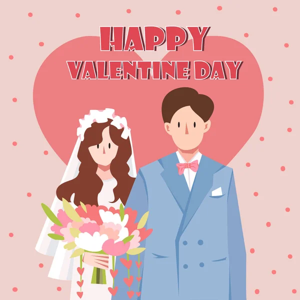 Feliz Día San Valentín Con Boda Pareja Recién Casados Tarjeta — Vector de stock