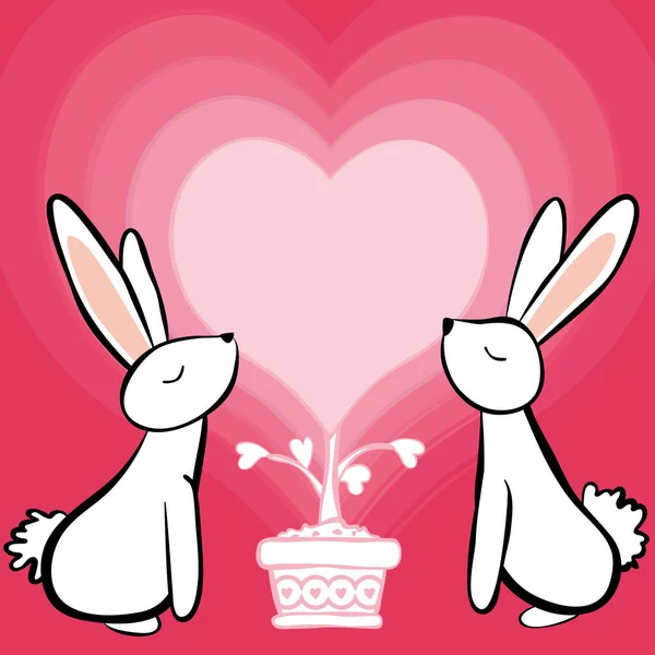 Couple White Rabbit Feeling Love Greeting Card Vector Illustration Valentines — Stock Vector