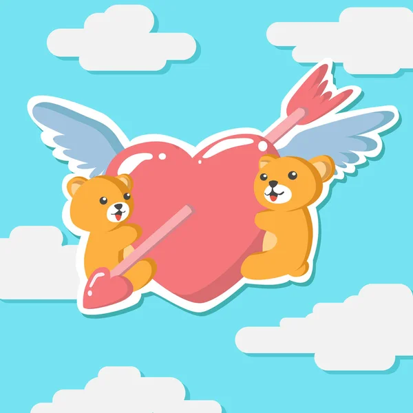 Couple Ours Peluche Étreignant Coeur Ailé Carte Vœux Illustration Vectorielle — Image vectorielle