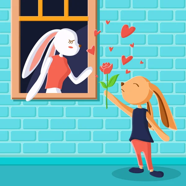 Cute Rabbit Giving Rose Flower Greeting Card Vector Illustration Valentines — 스톡 벡터