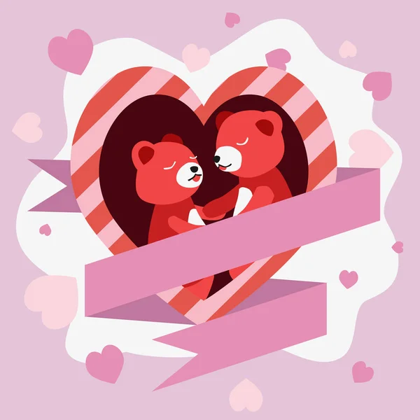 Couple Red Teddy Bear Heart Shape Greeting Card Vector Illustration — 스톡 벡터