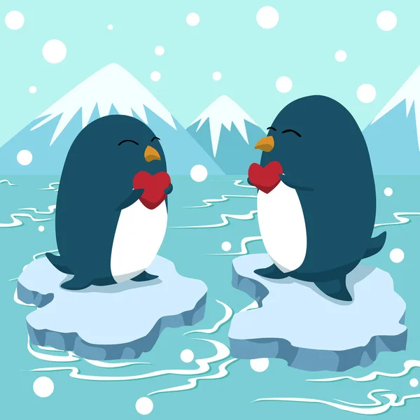 カップルペンギンホールドハートグリーティングカードベクトルイラスト バレンタインデーポストカード — ストックベクタ