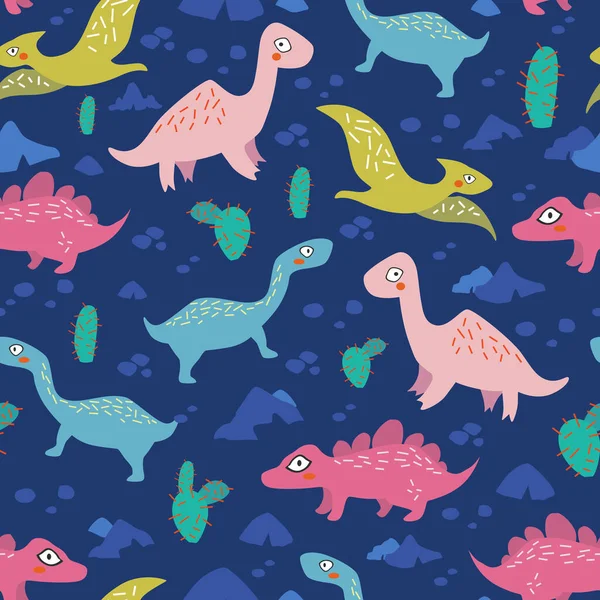 Dinosaurs Seamless Pattern Kids Creative Vector Childish Background — Stock Vector