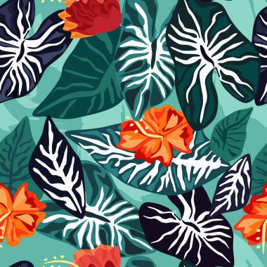 Tropical leaves with hibiscus flower seamless pattern. Summer vector background clipart