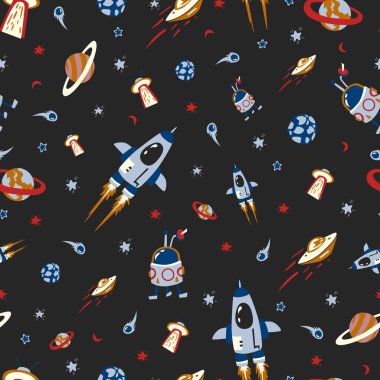 Uzay gemileri ve yıldızlarla kusursuz bir arkaplan, vektör illüstrasyonu