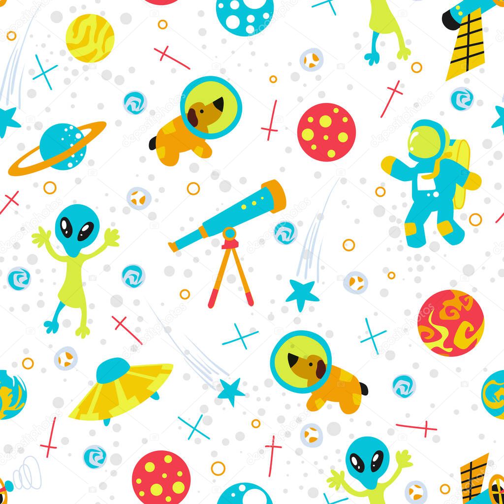 Seamless background with spaceships and stars, vector illustration