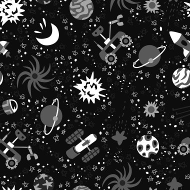 Uzay gemileri ve yıldızlarla kusursuz bir arkaplan, vektör illüstrasyonu