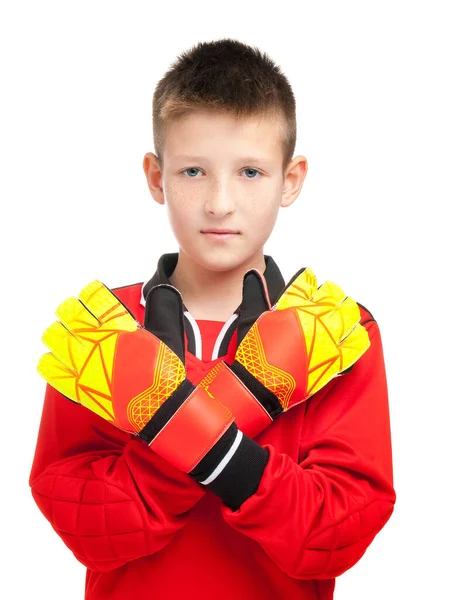 Young soccer players in goalkeeper gloves on a white background — Stock Photo, Image