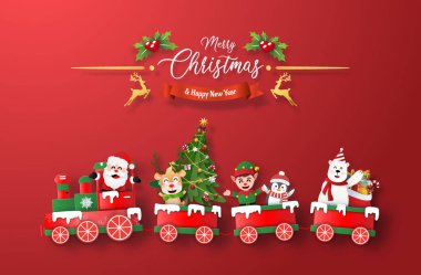 Noel Baba ile Noel Treninin Origami kağıt sanatı ve kırmızı arka plandaki karakter, Mutlu Noeller ve Mutlu Yıllar