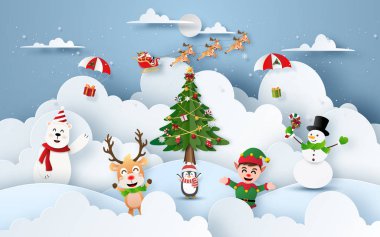 Origami Kağıt Sanatı Noel Baba ve Noel Baba karakteriyle Kar Dağı 'nda Noel partisi sanatı, Mutlu Noeller ve Mutlu Yıllar