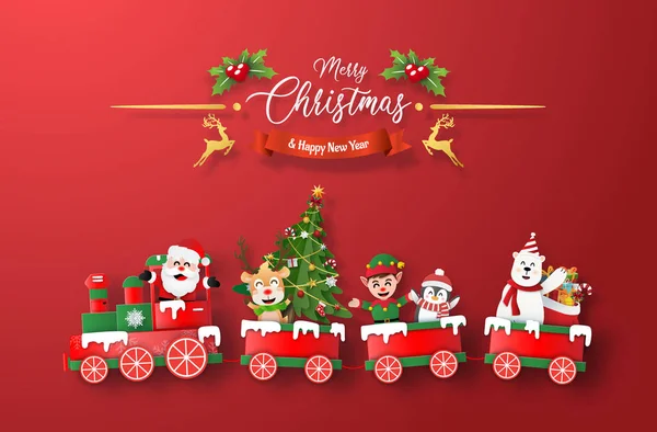 Noel Baba ile Noel Treninin Origami kağıt sanatı ve kırmızı arka plandaki karakter, Mutlu Noeller ve Mutlu Yıllar