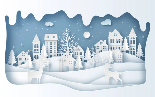 冬の村のトナカイの紙アートスタイル メリークリスマスとハッピーニューイヤー — ストックベクタ